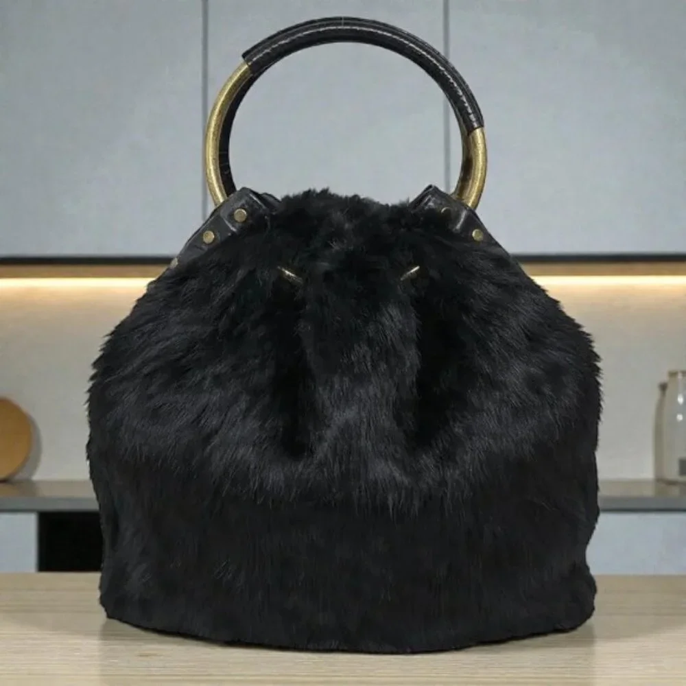 Vintage Adrienne Vittadini Black Black Double Handle Rabbit Fur Handbag Purse